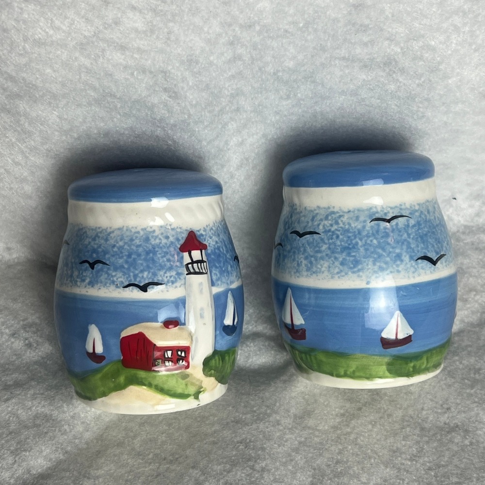 Nautical Lighthouse Sailboat Ceramic Salt and Pepper Shaker Set Coastal Blue